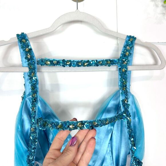 Sherri Hill Dress sz 4 Turquoise blue Sequins V Neck Mini Tulle Open Back Short - Picture 4 of 16